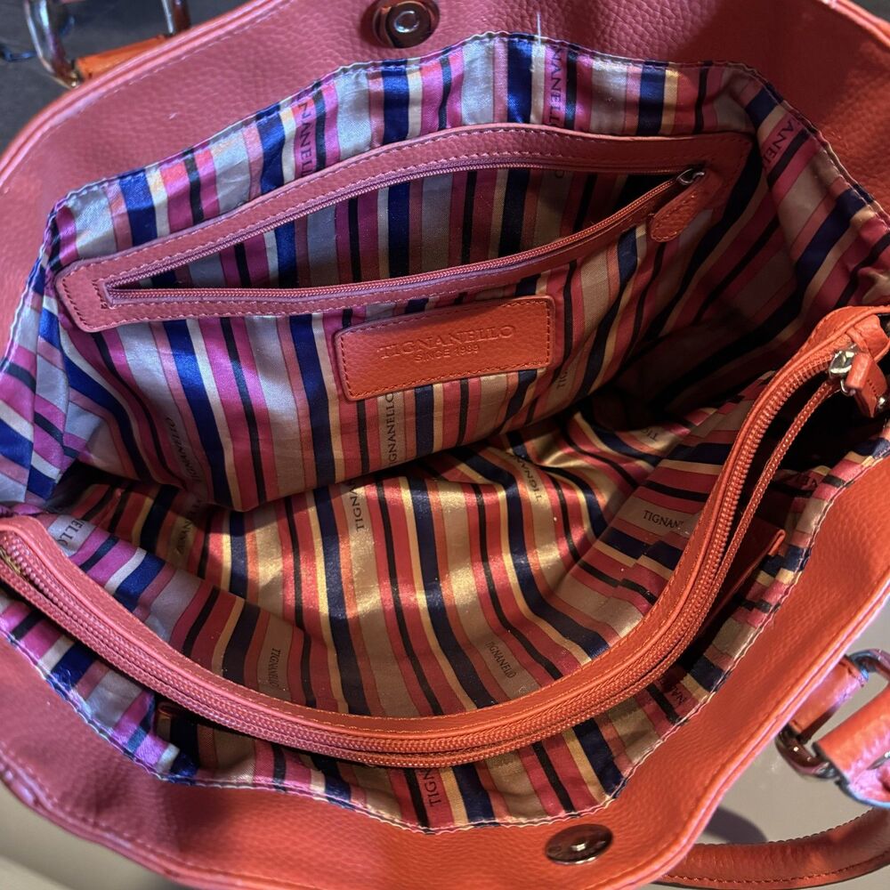 Tignanello Leather Shoulder Bag Pebbled Double Handle Tote Pink Orange 14x11 - Picture 7 of 12